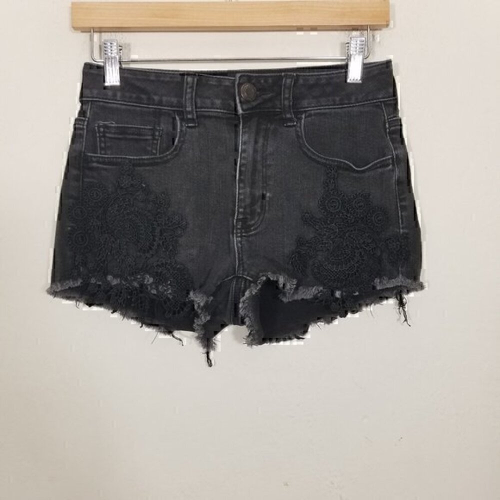 American Eagle Hi-Rise Shortie Embroidered Super Super Stretch Jean Shorts Black